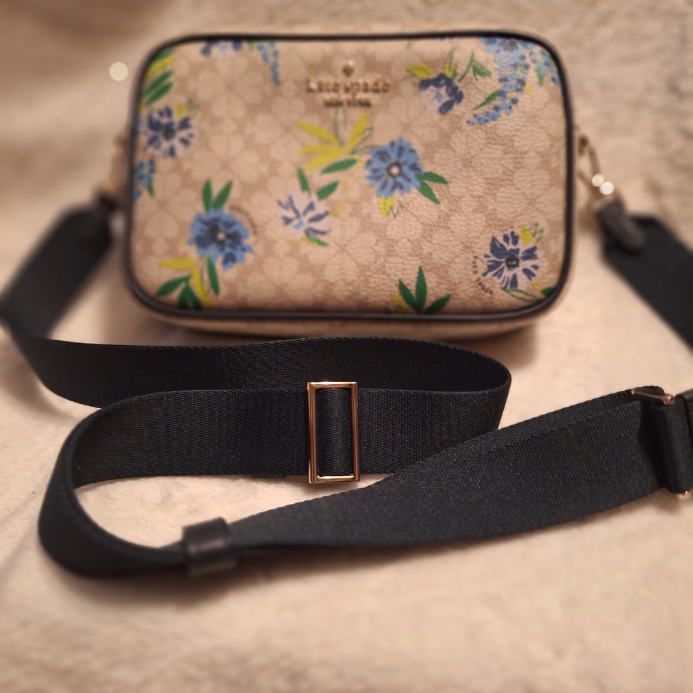 Kate Spade Flower Floral Camer Crossbody Bag - Cream and Blue Floral